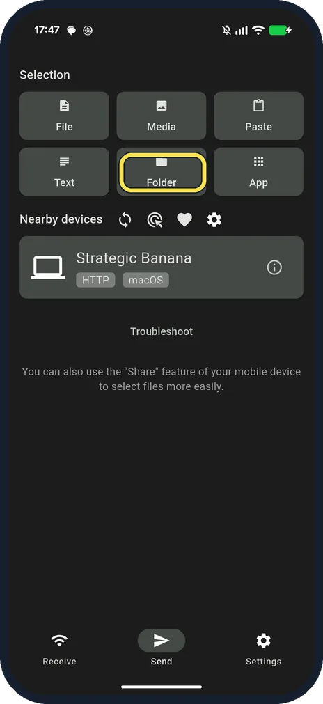 Android screenshot: On the Pixel, open LocalSend and tap Folder