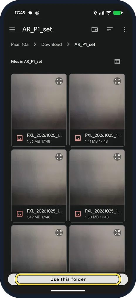 Android screenshot: Pick the folder and tap Use this folder