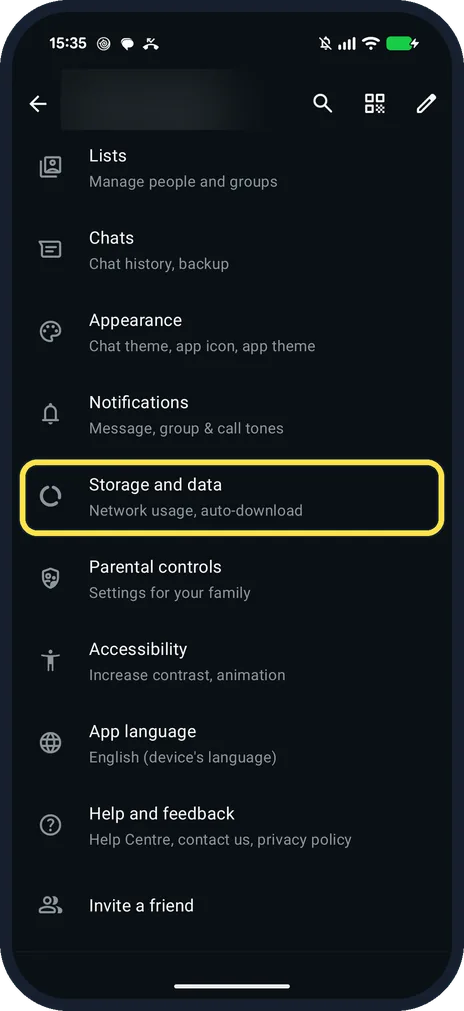 Android screenshot: Tap Storage and data