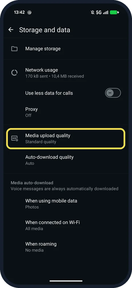 Android screenshot: Tap Media upload quality