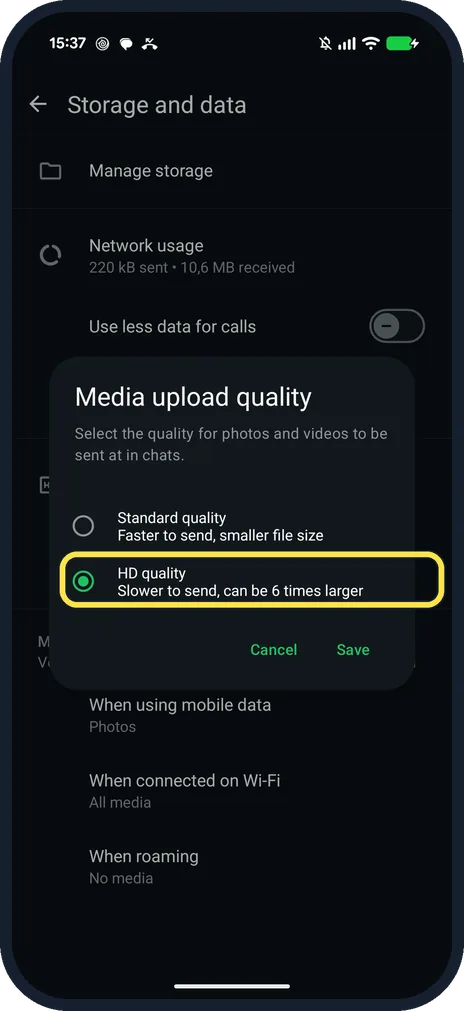 Android screenshot: Choose HD quality and tap Save