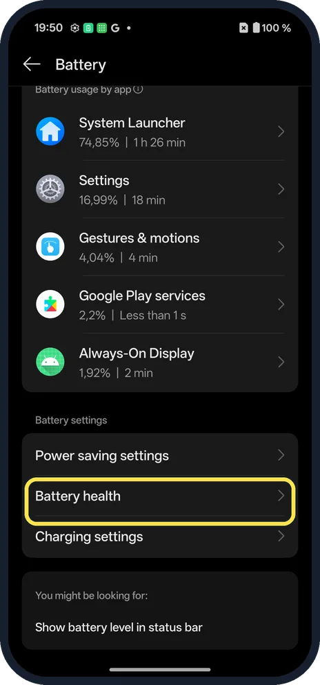 Android screenshot: Open Battery health