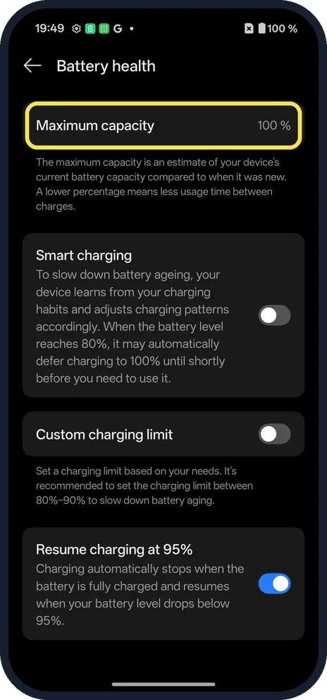 Android screenshot: Check Maximum capacity