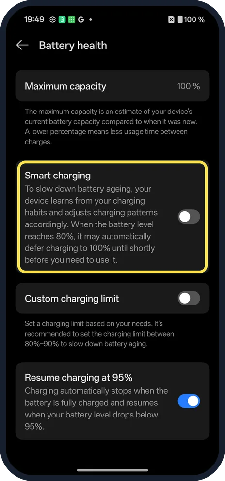 Android screenshot: Smart charging