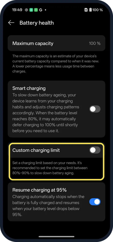 Android screenshot: Custom charging limit