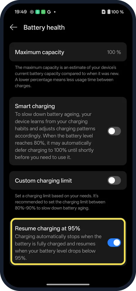 Android screenshot: Resume charging at 95%