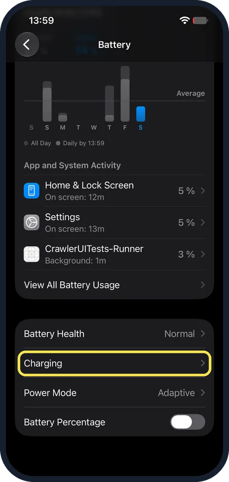iPhone screen: Tap Charging