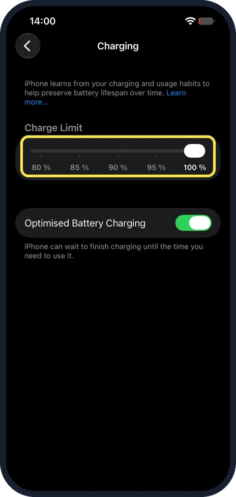iPhone screen: Drag the Charge Limit slider