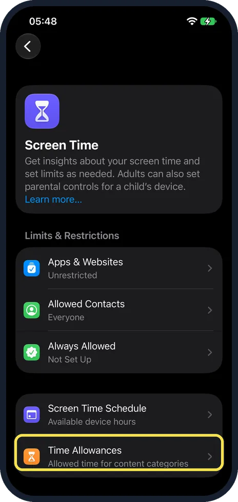 iPhone screen: Tap Time Allowances