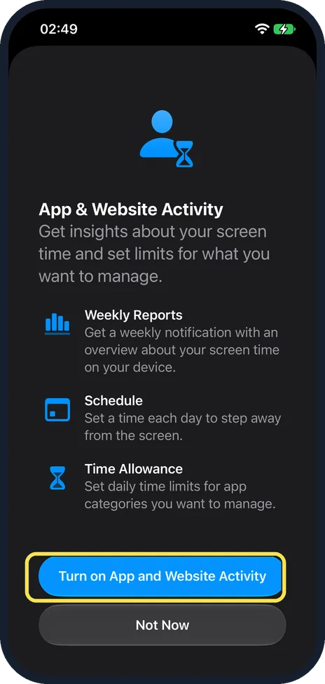iPhone screen: Turn on App & Website Activity if asked
