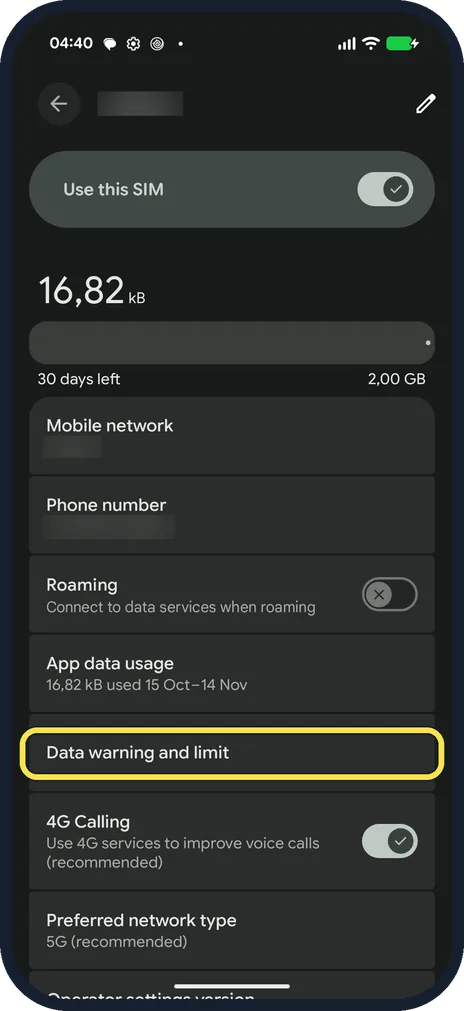 Android screenshot: Tap Data warning and limit