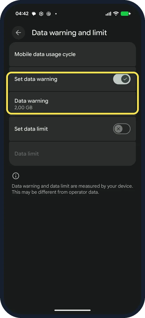 Android screenshot: Set a warning