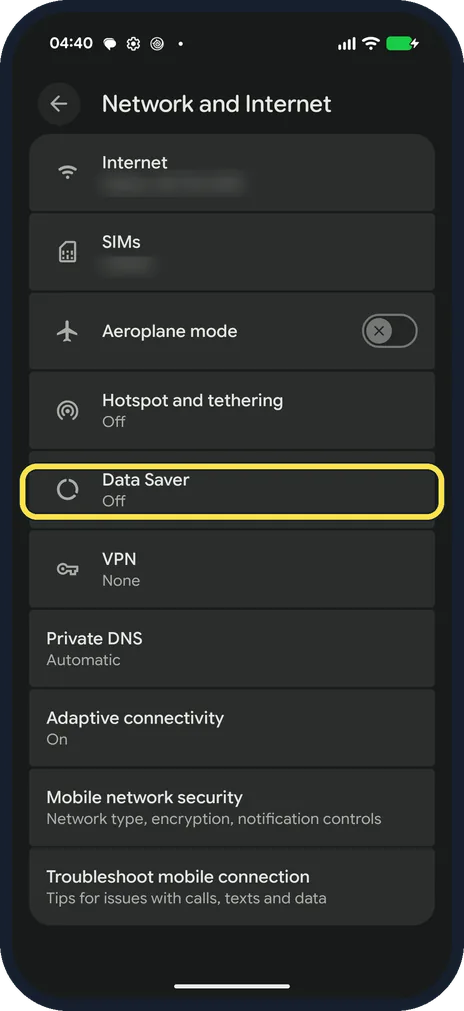 Android screenshot: Open Data Saver