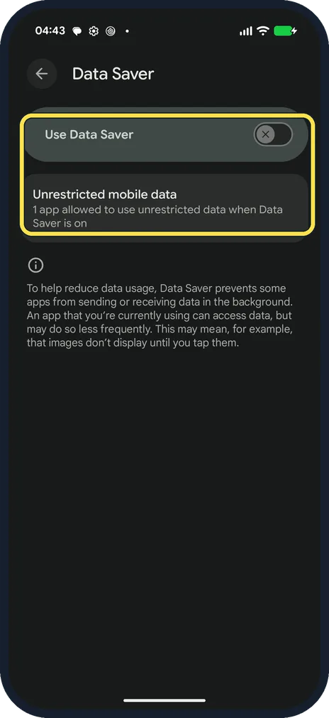 Android screenshot: Turn on Data Saver