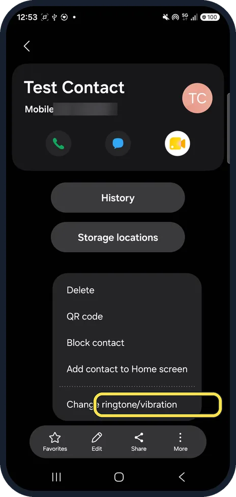 Android screenshot: Tap Change ringtone/vibration