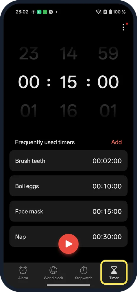 Screenshot from the guide: How to set a timer on a OnePlus (OxygenOS 16)