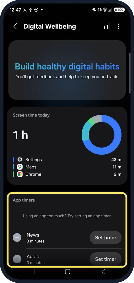 Screenshot from the guide: How to set an app timer on a Samsung Galaxy (One UI 9)