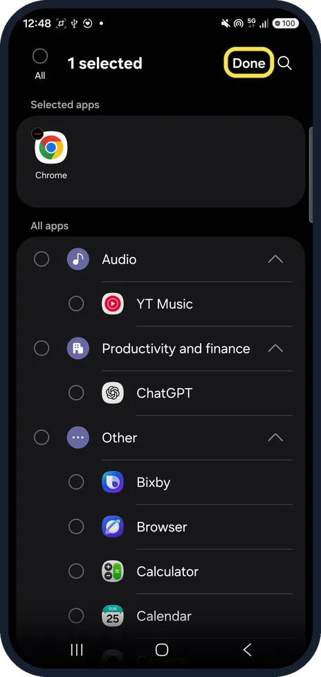Android screenshot: Pick the app and tap Done