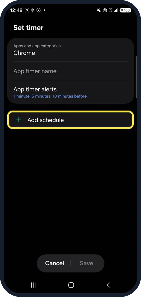 Android screenshot: Tap Add schedule