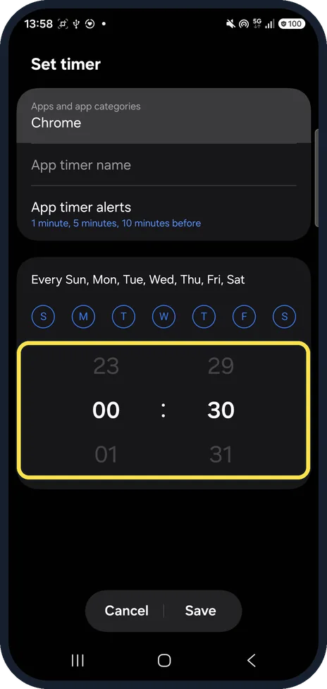 Android screenshot: Choose days and time, then Save