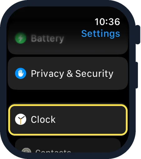 Apple Watch screen: Scroll down and tap Clock