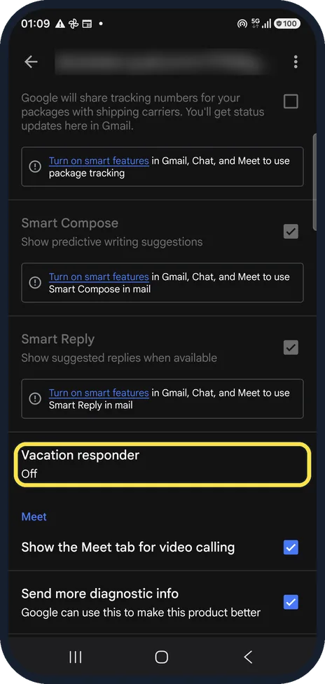 Android screenshot: Open Vacation responder