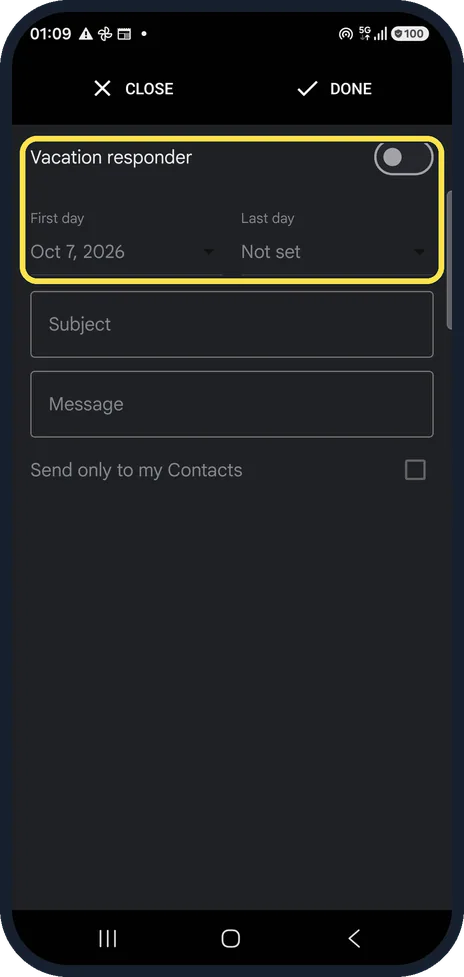 Android screenshot: Switch it on and set the dates