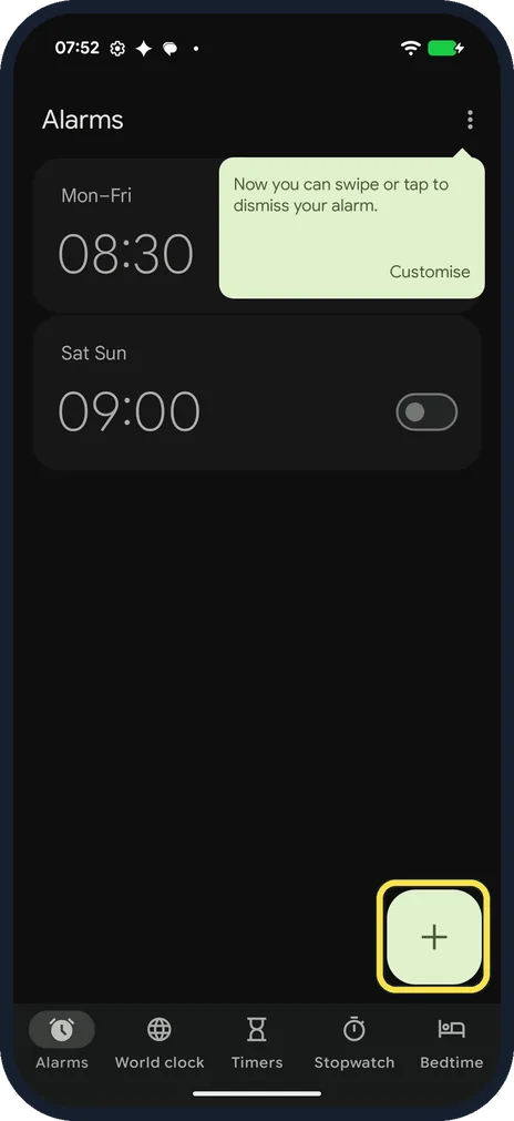 Screenshot from the guide: How to set and delete an alarm on a Google Pixel (Android 17)