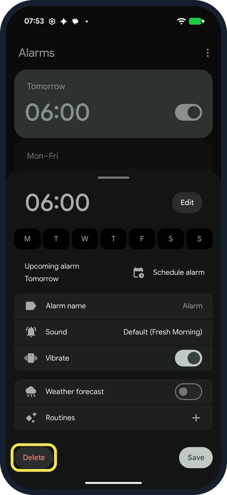 Android screenshot: Delete an alarm