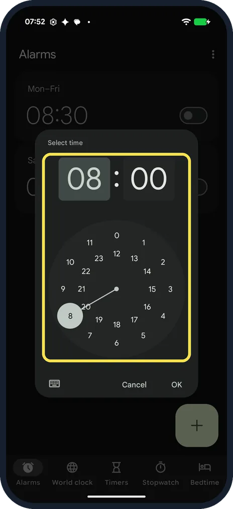 Android screenshot: Pick the hour