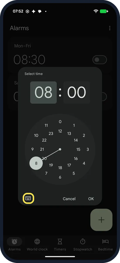 Android screenshot: Or type the time