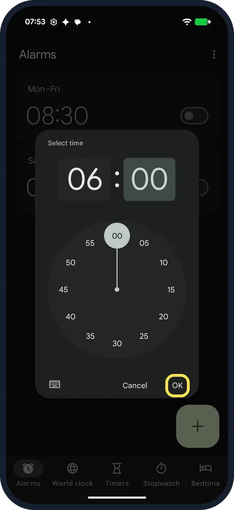 Android screenshot: Pick the minutes and tap OK