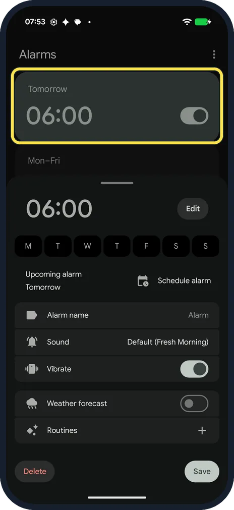 Android screenshot: Check the new alarm