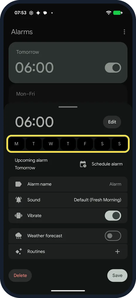 Android screenshot: Repeat it on some days