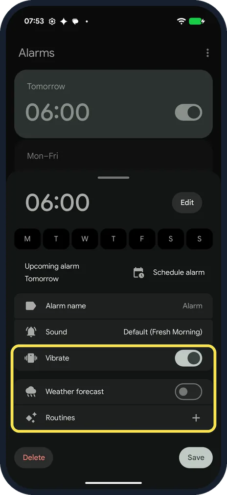 Android screenshot: Vibrate, weather and routines