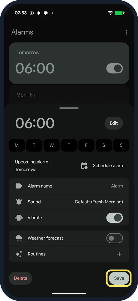 Android screenshot: Tap Save