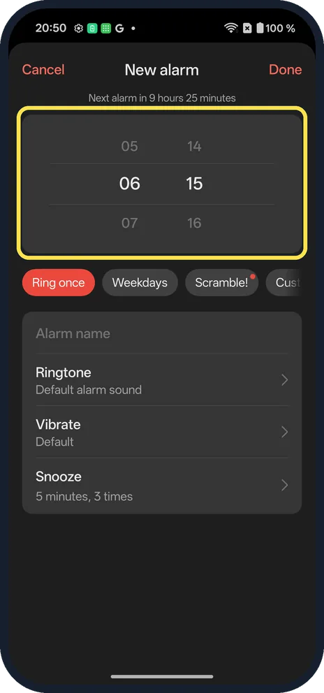 Android screenshot: Set the time
