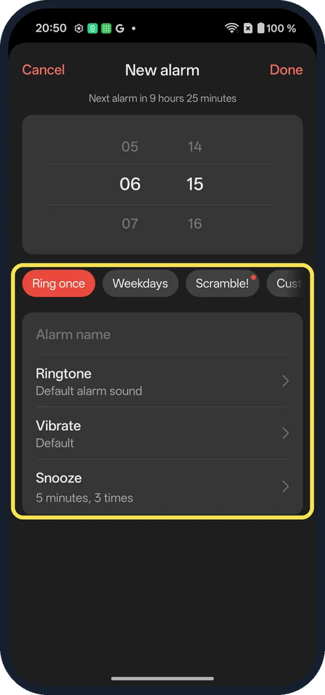 Android screenshot: Choose the days