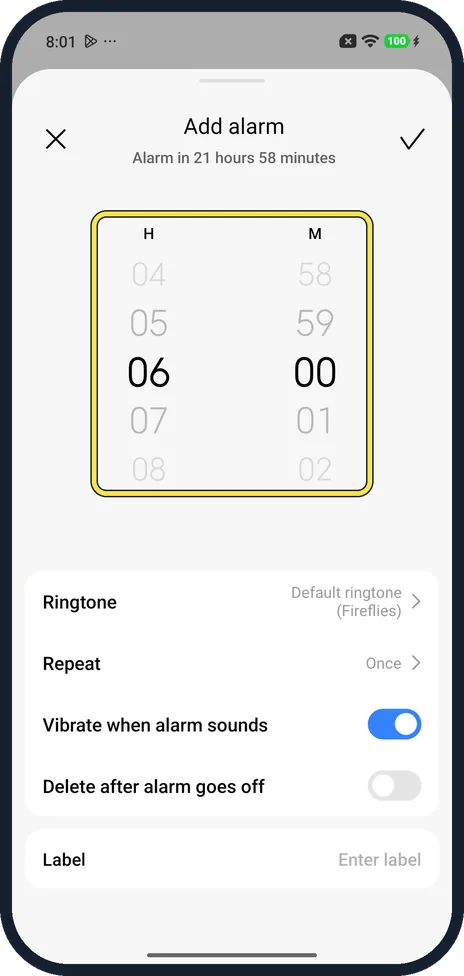 Android screenshot: Set the time