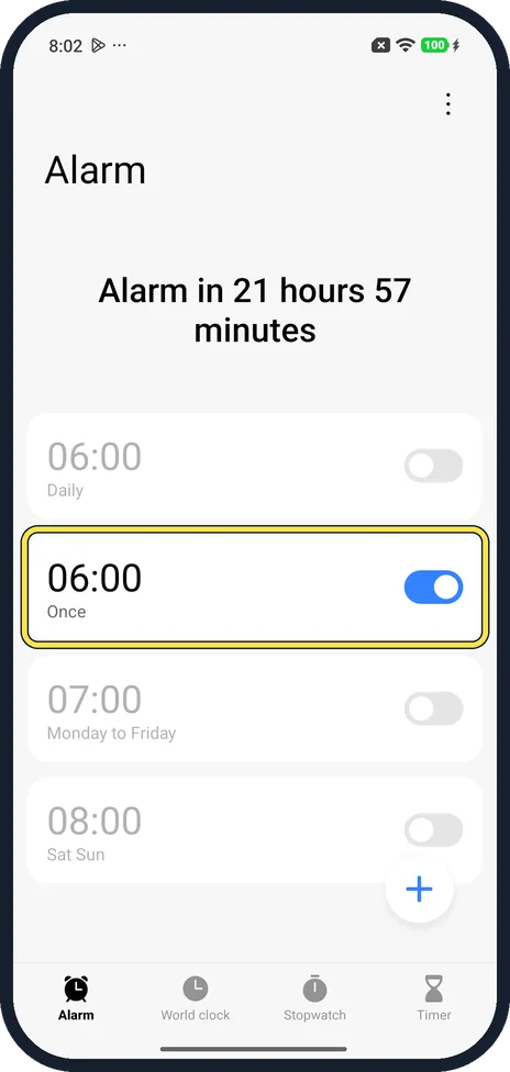 Android screenshot: See the new alarm