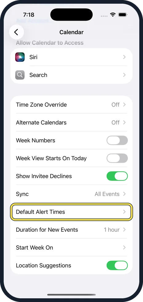 iPhone screen: Scroll down and tap Default Alert Times
