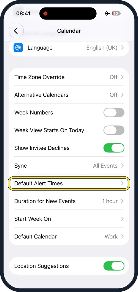 Screenshot from the guide: How to set default alert times for calendar events on an iPhone