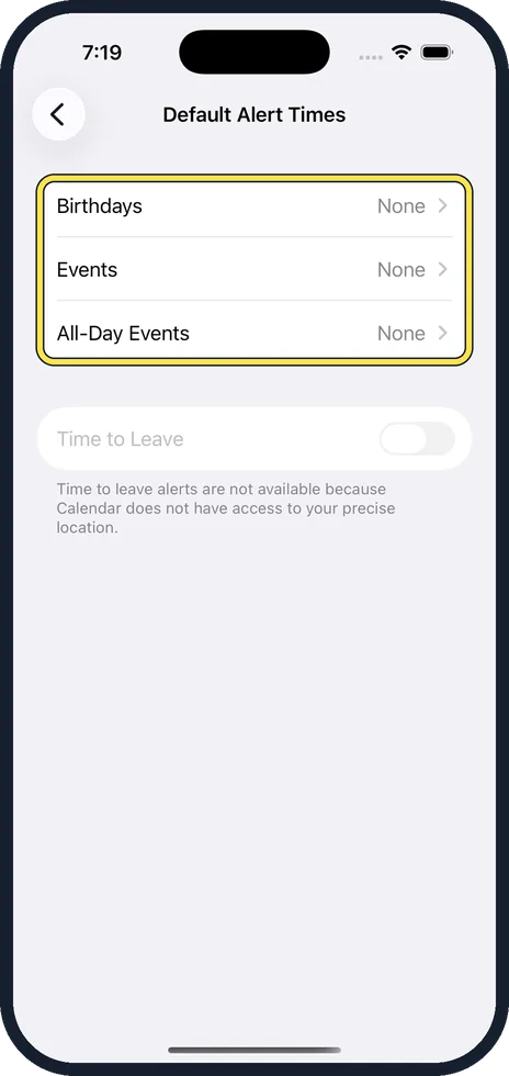 iPhone screen: Tap Birthdays, Events or All-Day Events