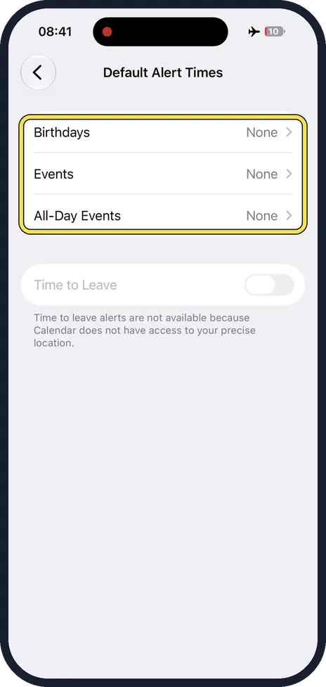 iPhone screen: Tap Birthdays, Events or All-Day Events