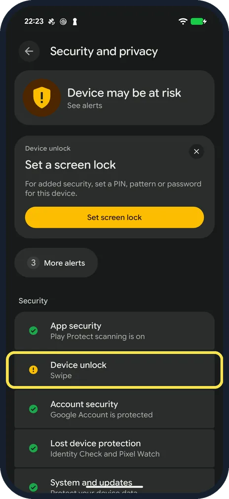 Android screenshot: Tap Device unlock