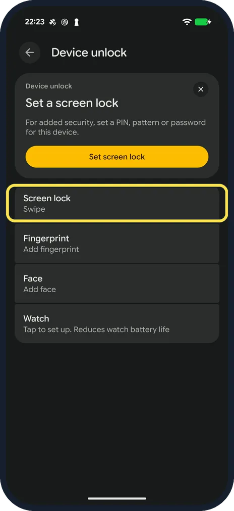 Android screenshot: Tap Screen lock
