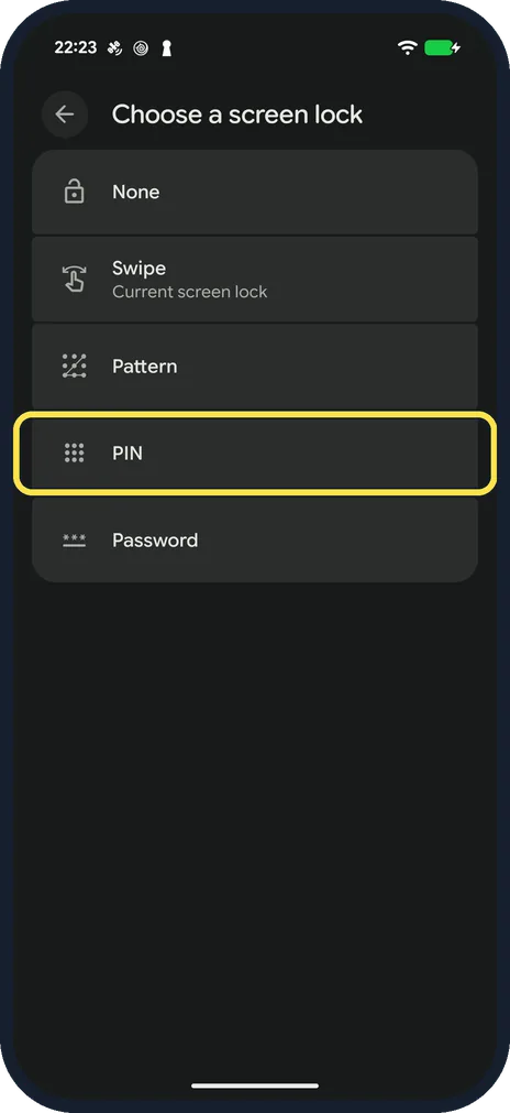 Android screenshot: Choose the type