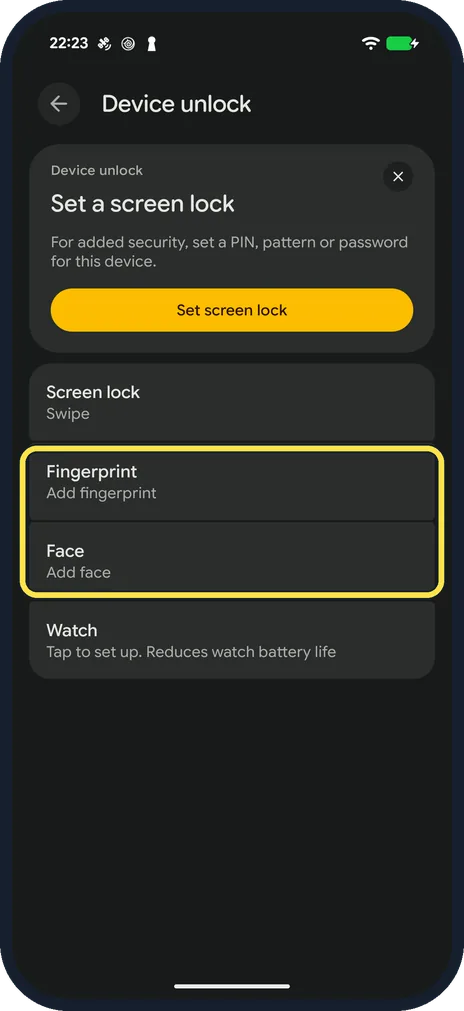 Android screenshot: Add a fingerprint or face