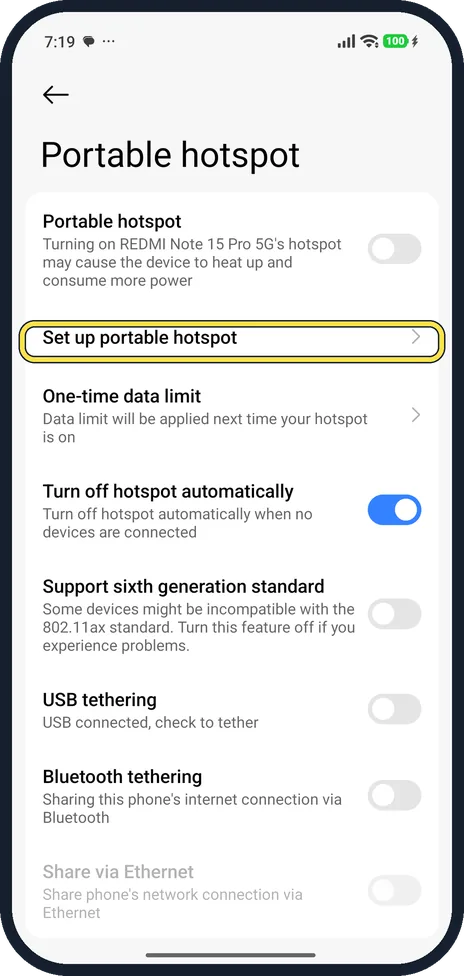 Android screenshot: Tap Set up portable hotspot
