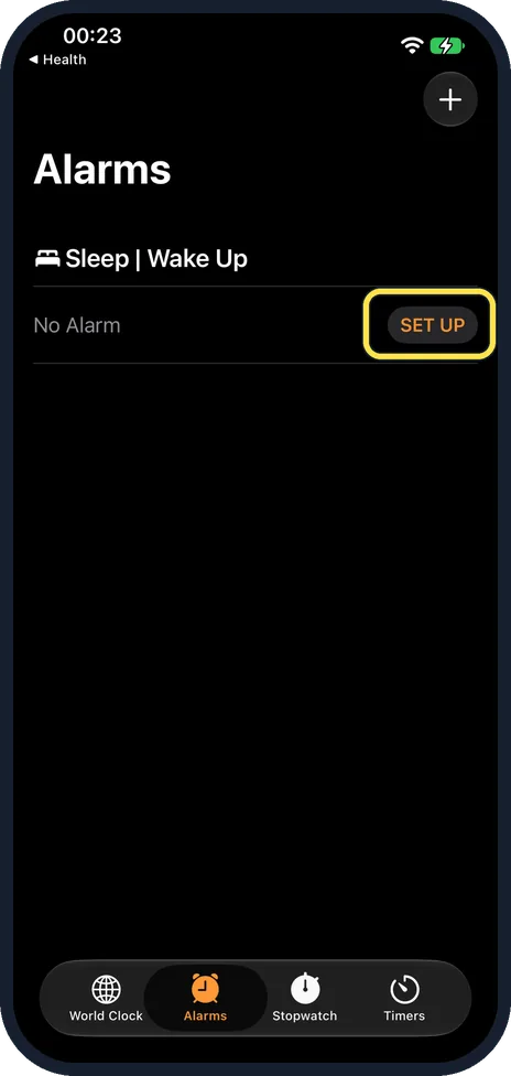 iPhone screen: Tap SET UP in Clock